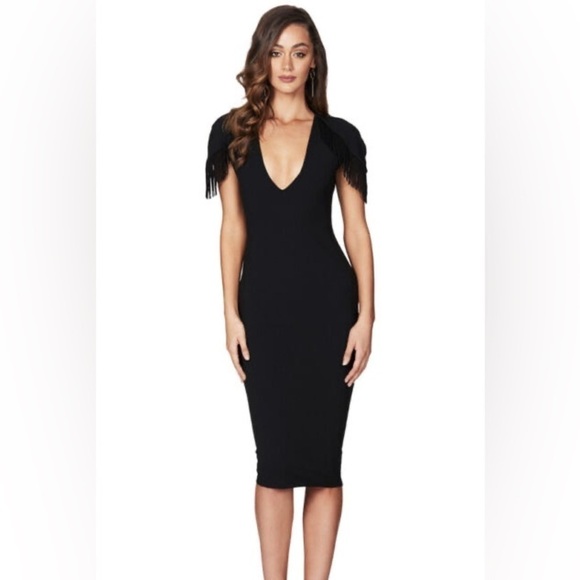 Nookie Dresses & Skirts - NWT NOOKIE designer black bodycon short sleeve cocktail dress with fringe